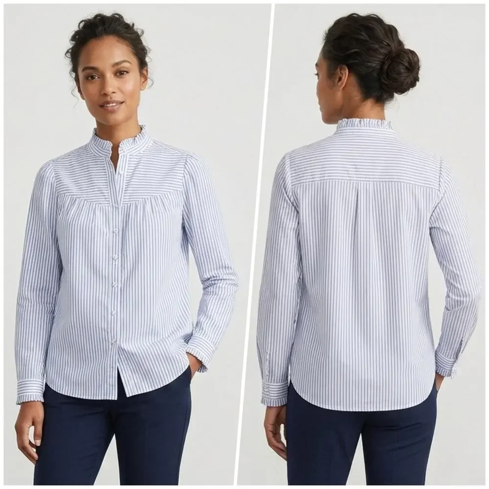 J. Crew | Women | Ruffle Trim Stripe Cotton Poplin LS Button Up Shirt | Large